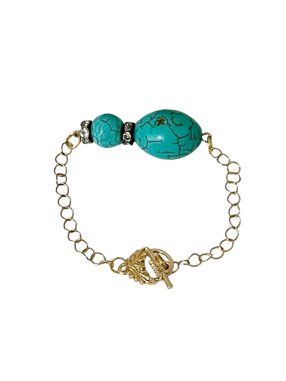 Faux Turquoise Beaded Gold Tone Link Chain Bracelet Ornate Toggle Clasp Boho